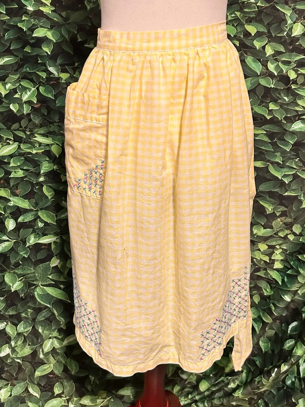 Vintage Handmade Checkered Half Apron Yellow Embroidered Pattern Cotton